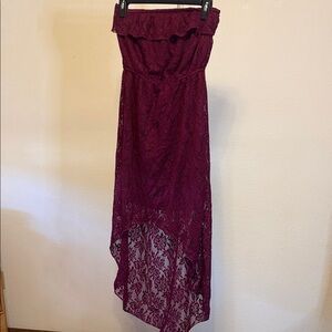 Trixxi Strapless Lace High-Low Dress in Wine